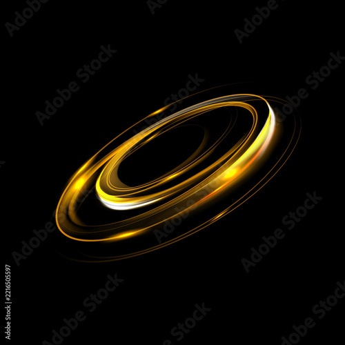 Dynamic golden light trails create an abstract elliptical swirl against a stark enveloping black background