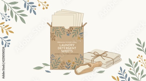 hand-drawn eco-friendly laundry detergent sheets in kraft paper bag with twine, botanical floral design and leaf accents