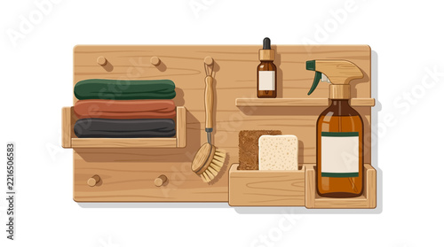 handcrafted wooden cleaning supplies organizer with cloths, brush, spray bottle, soap, and essential oil bottle