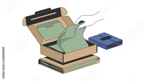 open cardboard box revealing folded green tote bag inside with matching folded blue tote bag beside it