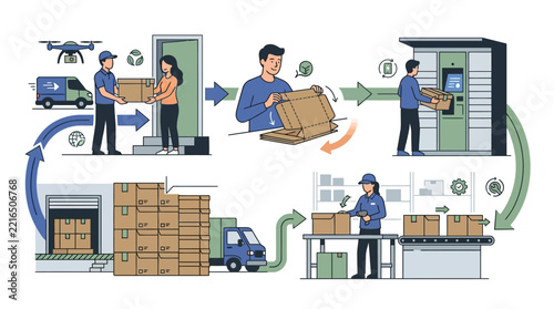modern logistics workflow illustration showing drone delivery, warehouse sorting, automated parcel lockers, and conveyor belt