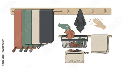 hand-drawn laundry organization setup with colored towels on wooden rack, mesh basket with clothes, and drawstring pouch