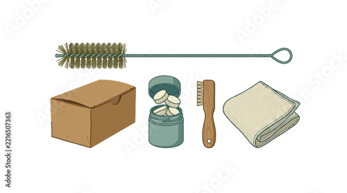 eco-friendly laundry kit with wooden scoop, dissolvable detergent sheets box, refillable soap dispenser, and stain cloth