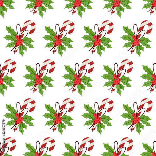 Seamless Christmas Candy Cane and Holly Berry Pattern in Diagonal Composition on White Background