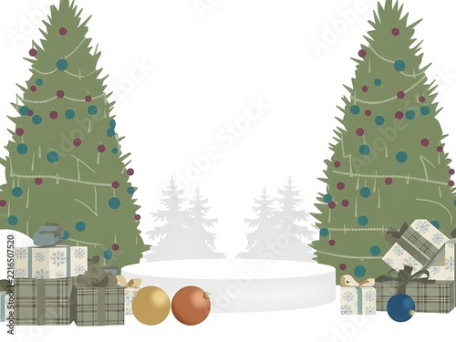 Flat Vector Christmas Background with Two Decorated Trees and Gift Boxes around a White Podium