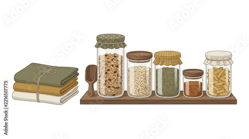 handcrafted wooden shelf with glass jars of grains, legumes, and spices alongside a vintage recipe book and wooden scoop
