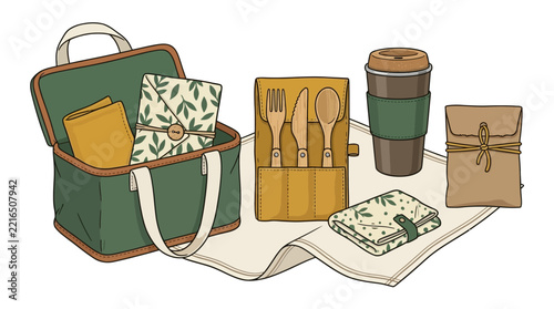 hand-drawn picnic tote bag with utensil pouch, coffee cup, and wrapped sandwich in cozy earthy tones for outdoor dining