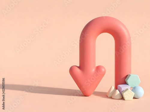 A large, soft coral-colored 3D u-shaped arrow pointing downwards, surrounded by small geometric shapes like spheres, cones, and cubes on a light peach background