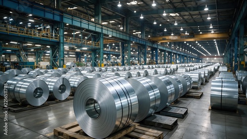 Industrial manufacturing warehouse interior filled with massive rolled steel coils resting securely on wooden pallets under bright overhead lighting during regular day operations