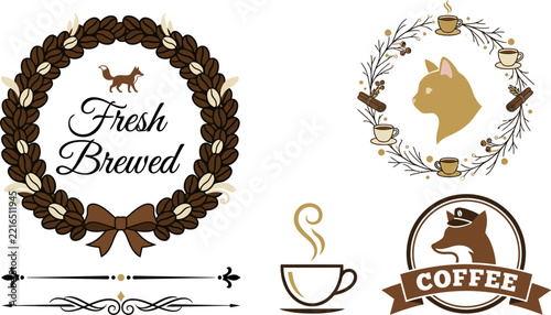 Set of vintage coffee themed emblems and vector illustrations elements