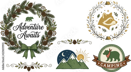 Camping Adventure Icons and Decorative Nature Elements Graphic Collection