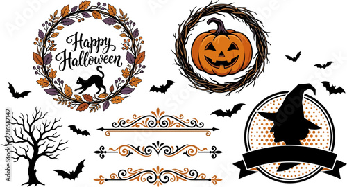 Halloween Festival Icons Featuring Festive Symbols and Decorative Borders