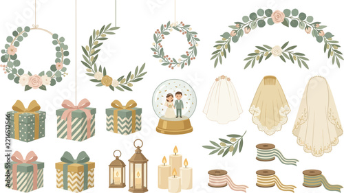 Wedding Decoration Vector Elements Set with Flowers Gifts and Veils
