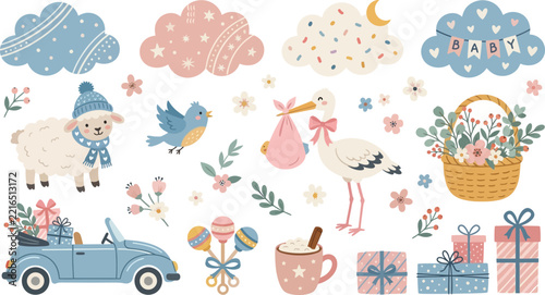 Baby Shower Celebration Vector Illustration Set With Cute Nursery Elements