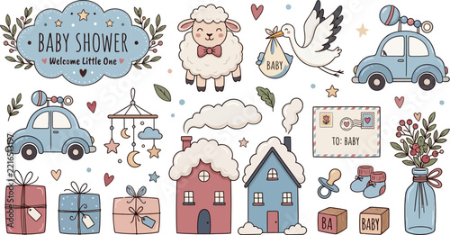 Baby Shower Celebration Illustration Set Featuring Cute Nursery Decor Items