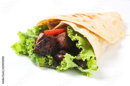 wrapped tortilla isolated on a white background .Flat lay. 