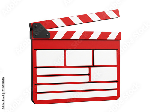 Red clapperboard film slate 3D illustration. Open movie production marker with white stripes. Isolated cinema equipment graphic for entertainment industry and video direction concepts.
