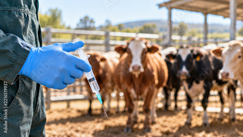 Livestock vaccination in cattle pen, blue glove holding syringe for herd health care