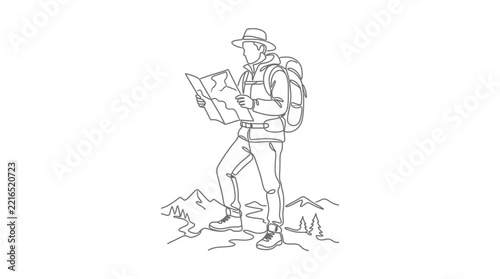 Hiker with map in minimalist line art style