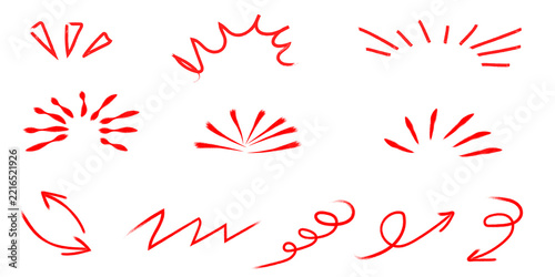 Set of hand drawn red brush strokes and comic style design elements on white background