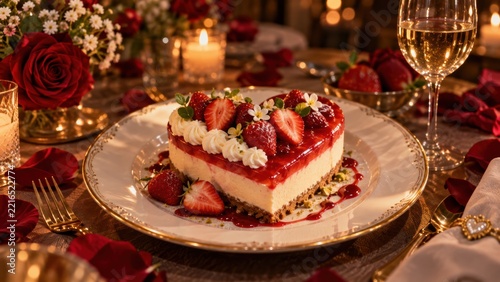 heart-shaped strawberry cheesecake garnished with fresh strawberries, cream, and flowers, set on an elegant plate with romantic candlelight and rose decorations.