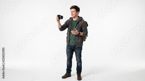 Young man holding professional camera while vlogging in studio