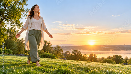 Happy carefree woman walking barefoot on green grass with open arms at sunrise over lake and hills, freedom and mental wellbeing