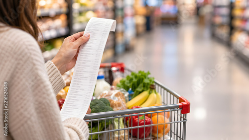 Woman holding long grocery receipt over shopping cart full of fresh vegetables and fruits in supermarket, high food prices and inflation