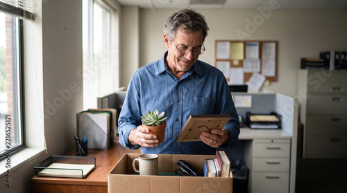 Man packing desk belongings retirement last day at office concept.
