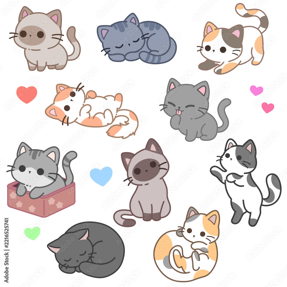 Fototapeta premium Cute cat illustration sticker bundle