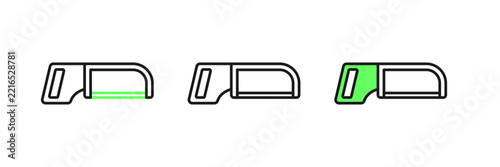 Set line Hacksaw icon isolated on white background. Metal saw for wood and metal. Vector
