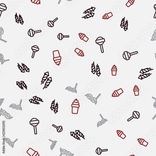 Set line Firework rocket, Lollipop, Festive mask and Ice cream in waffle on seamless pattern. Vector