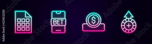 Set line Lottery ticket, Online sports betting, Coin money with dollar and Casino chips. Glowing neon icon. Vector