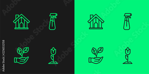 Set line Flower tulip, Leaf in hand, Farm house and Garden sprayer for water icon. Vector