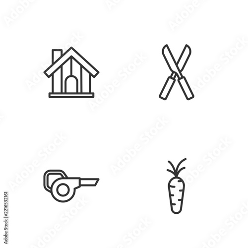 Set line Carrot, Leaf garden blower, Farm house and Gardening scissors icon. Vector