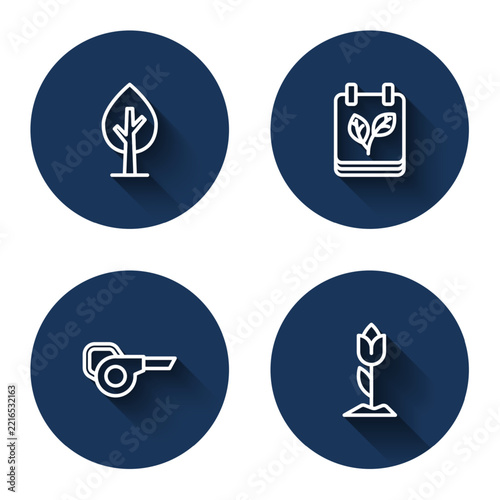 Set line Tree, Calendar with autumn leaves, Leaf garden blower and Flower tulip with long shadow. Blue circle button. Vector