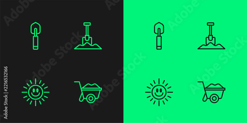 Set line Wheelbarrow, Sun, Garden trowel spade or shovel and Shovel icon. Vector