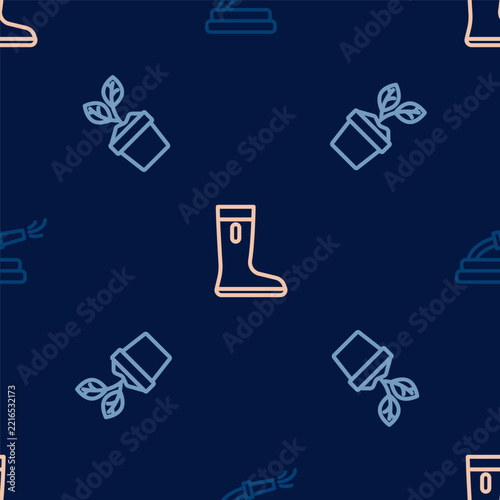 Set line Garden hose, Plant in pot and Waterproof rubber boot on seamless pattern. Vector