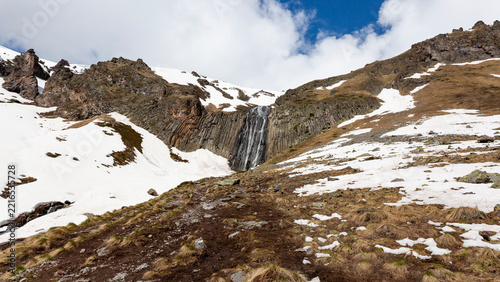Waterfall Terskol in summer in Elbrus area in valley Terskol, Russia