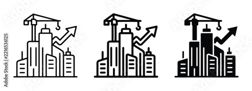 Cityscape with crane and growth arrow set, urban development and business illustration