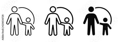 Adoption and fostering icons with adult and child figures, love and family symbols for care and support