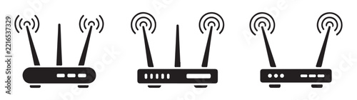 Three antenna wireless internet routers collection in black color showing diverse connectivity signs.