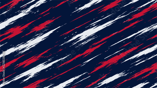 Grunge brush stroke pattern vector background. Featuring distressed diagonal dry brush streaks in red and white on navy blue, texture design for sports jersey, team uniform, and textile print.
