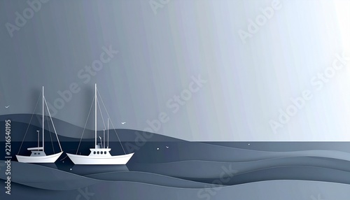 Paper Cut Style Two Sailboats on Winter Ocean Waves Gray Blue Background Journey Concept