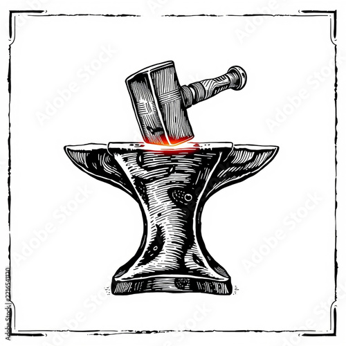 Blacksmith hammer on anvil woodcut
