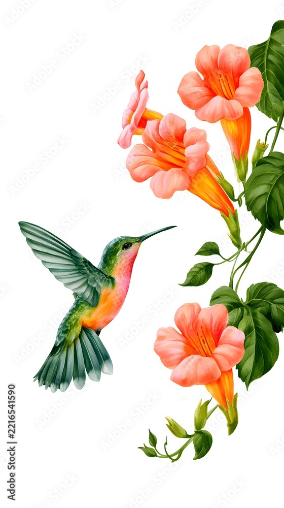 Fototapeta premium Watercolor hummingbird hovering near orange trumpet vine flowers