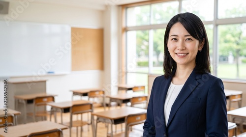 モダンで清潔感のある学校の教室を背景に穏やかな笑顔を見せる、知的で信頼感のある20代日本人社員のプロフィールポートレート