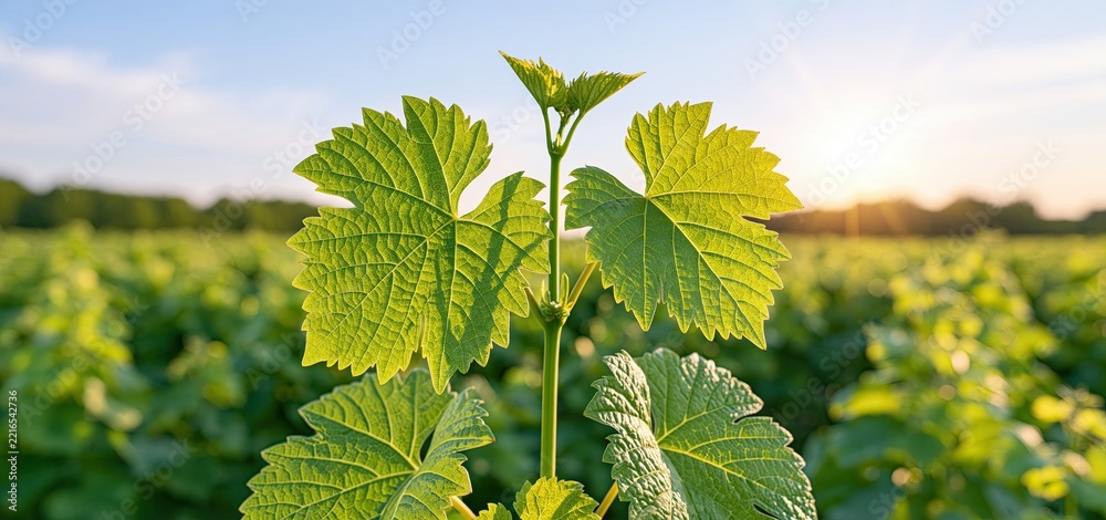 Naklejka premium In a lush vineyard at golden hour, a tender grapevine sprout reveals fresh growth and natural beauty.