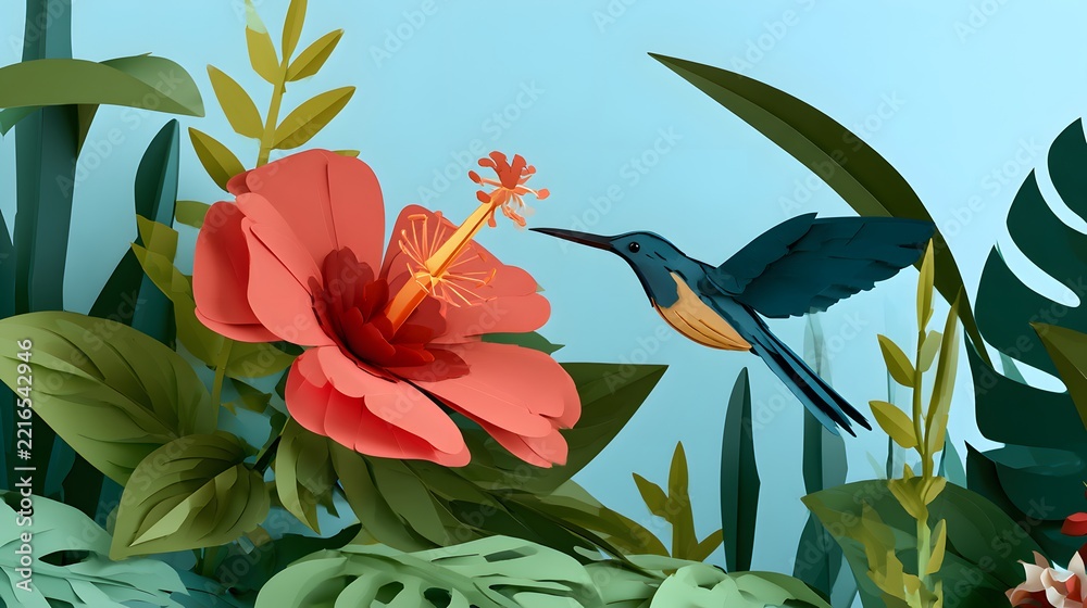 Fototapeta premium Papercraft hummingbird sipping nectar from red hibiscus flower