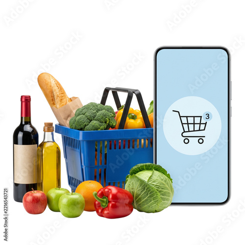 Grocery Shopping Online: Basket, Phone, Fresh Food, Wine, Oil
